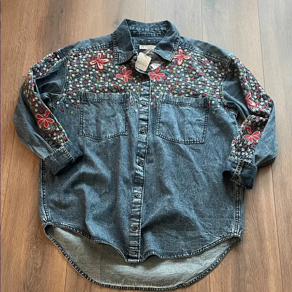 Free People Rainbow 🌈 Embroidered Denim Shirt- SM